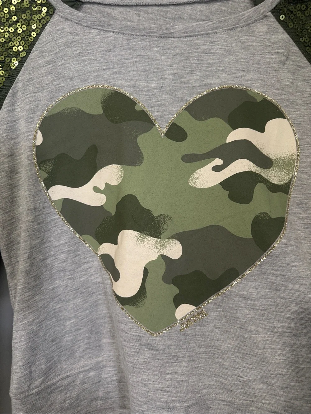 Justice Grey Pullover with Green Camo Heart and Olive Sequin Sleeves
